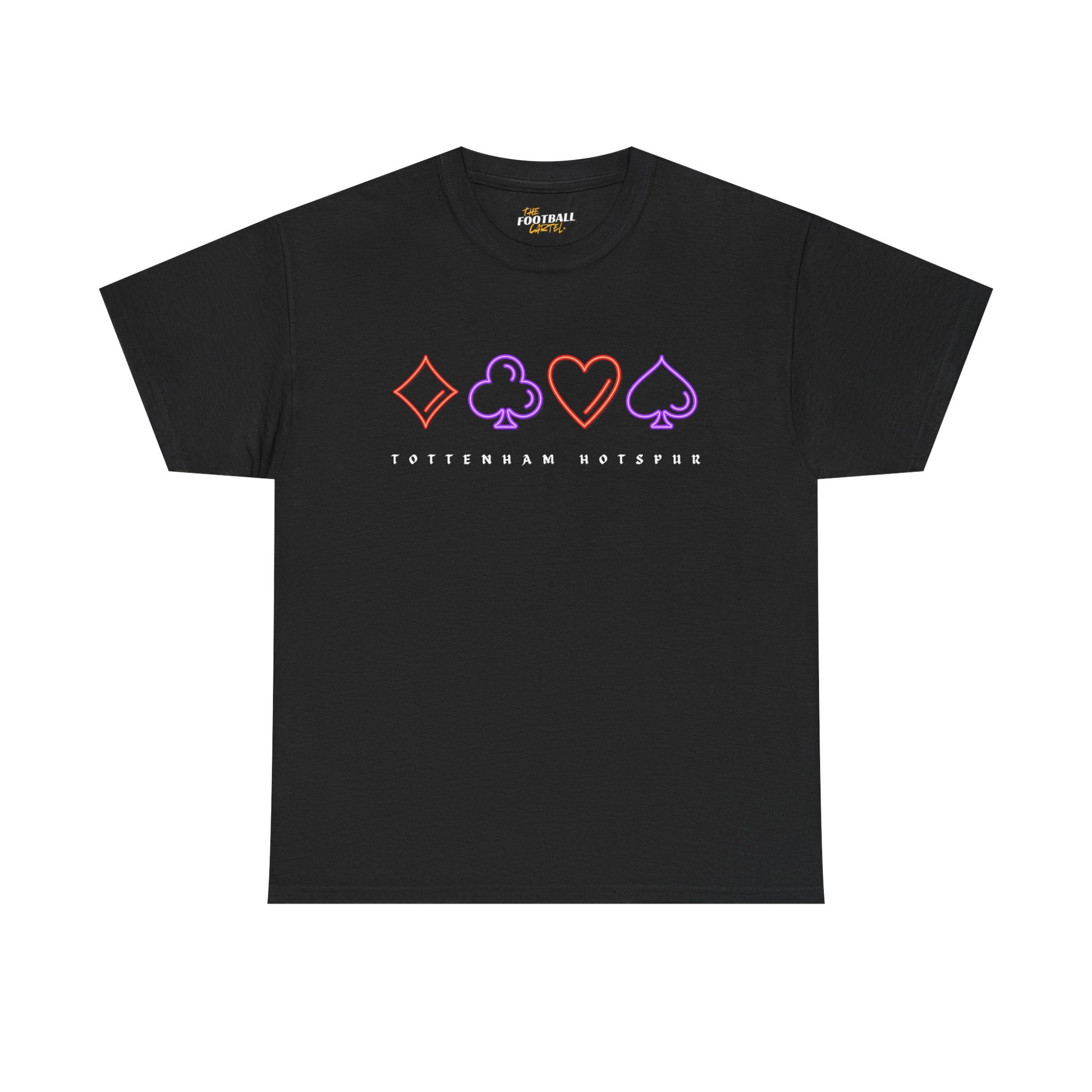 Black t-shirt with colorful card suit symbols and 'Tottenham Hotspur' text on a white background