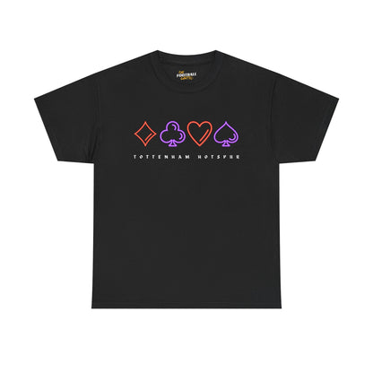 Black t-shirt with colorful card suit symbols and 'Tottenham Hotspur' text on a white background