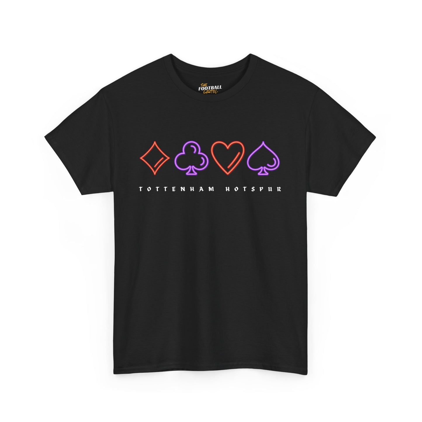 Black t-shirt with card suit symbols and 'Tottenham Hotspur' text on a white background