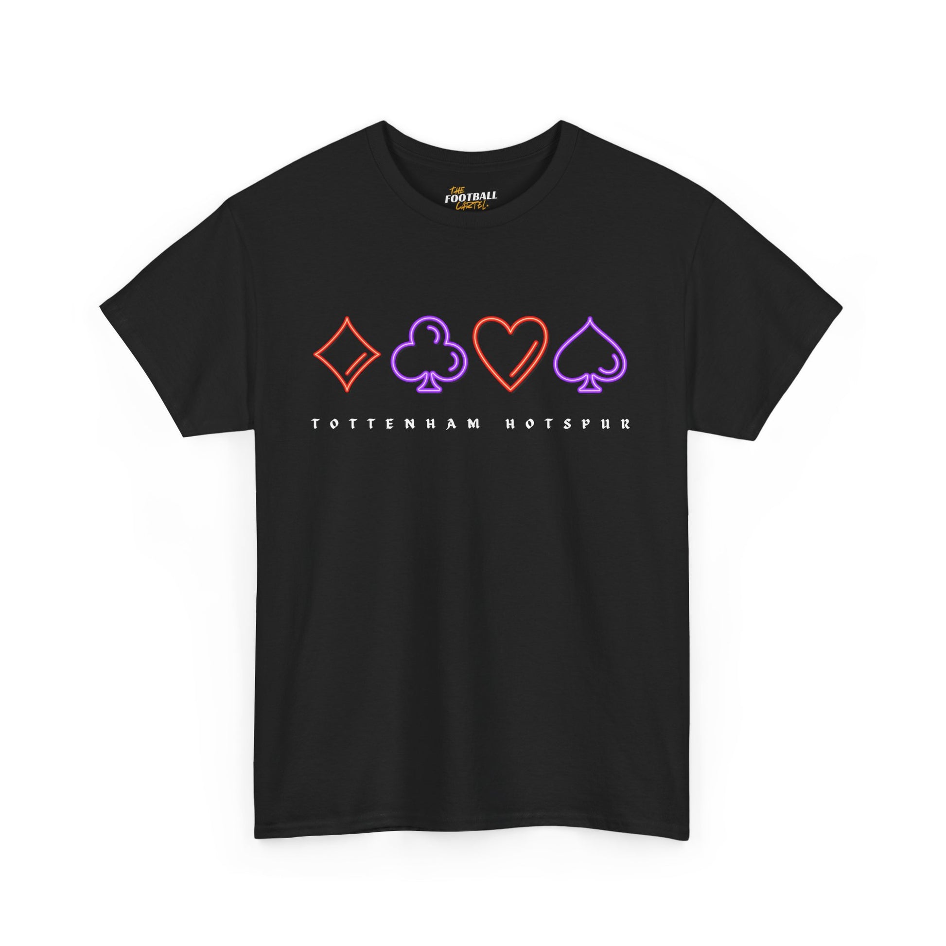 Black t-shirt with card suit symbols and 'Tottenham Hotspur' text on a white background
