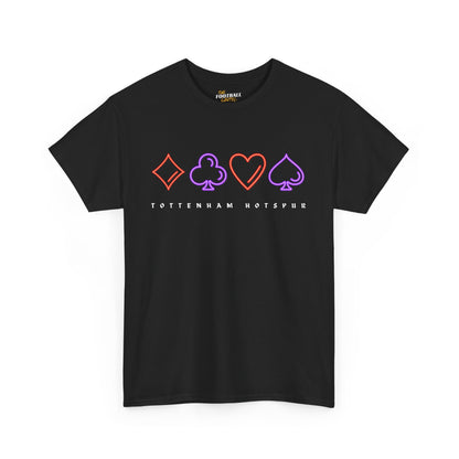 Black t-shirt with card suit symbols and 'Tottenham Hotspur' text on a white background