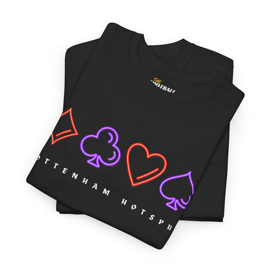 Black t-shirt with neon club, heart, and clover symbols and 'Gottenham Hotspur' text on a white background.