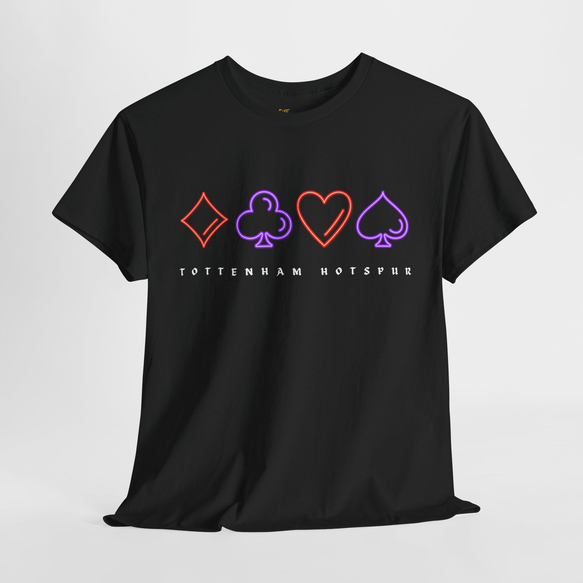 Black t-shirt with card suit symbols and 'Tottenham Hotspur' text on a white background