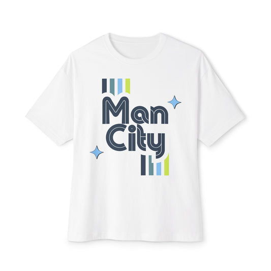 White t-shirt with 'Man City' text design on a white background