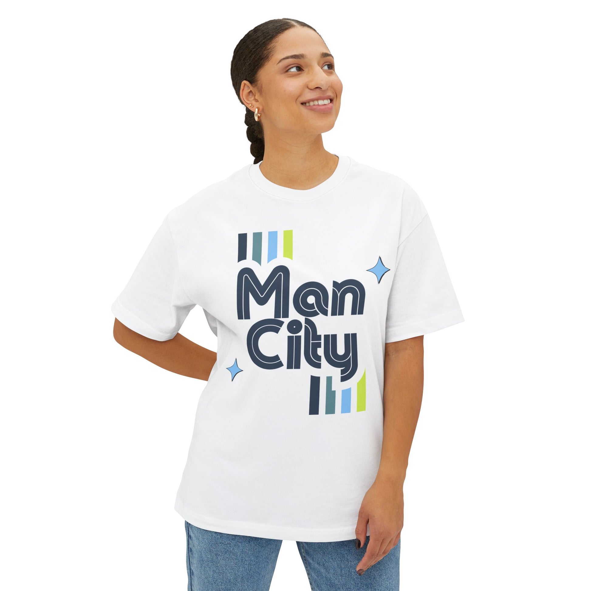 Woman wearing a white t-shirt with 'Man City' text on a white background