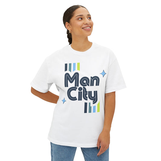 Woman wearing a white t-shirt with 'Man City' text on a white background