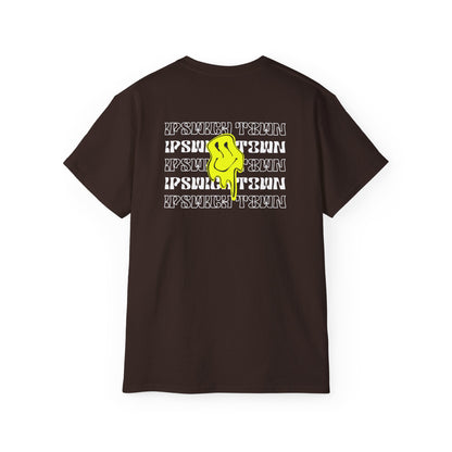 Brown t-shirt with yellow and white graphics on a white background