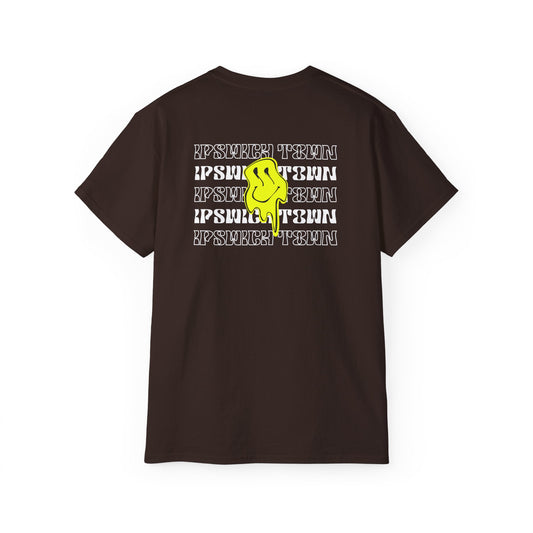 Brown t-shirt with yellow and white graphics on a white background