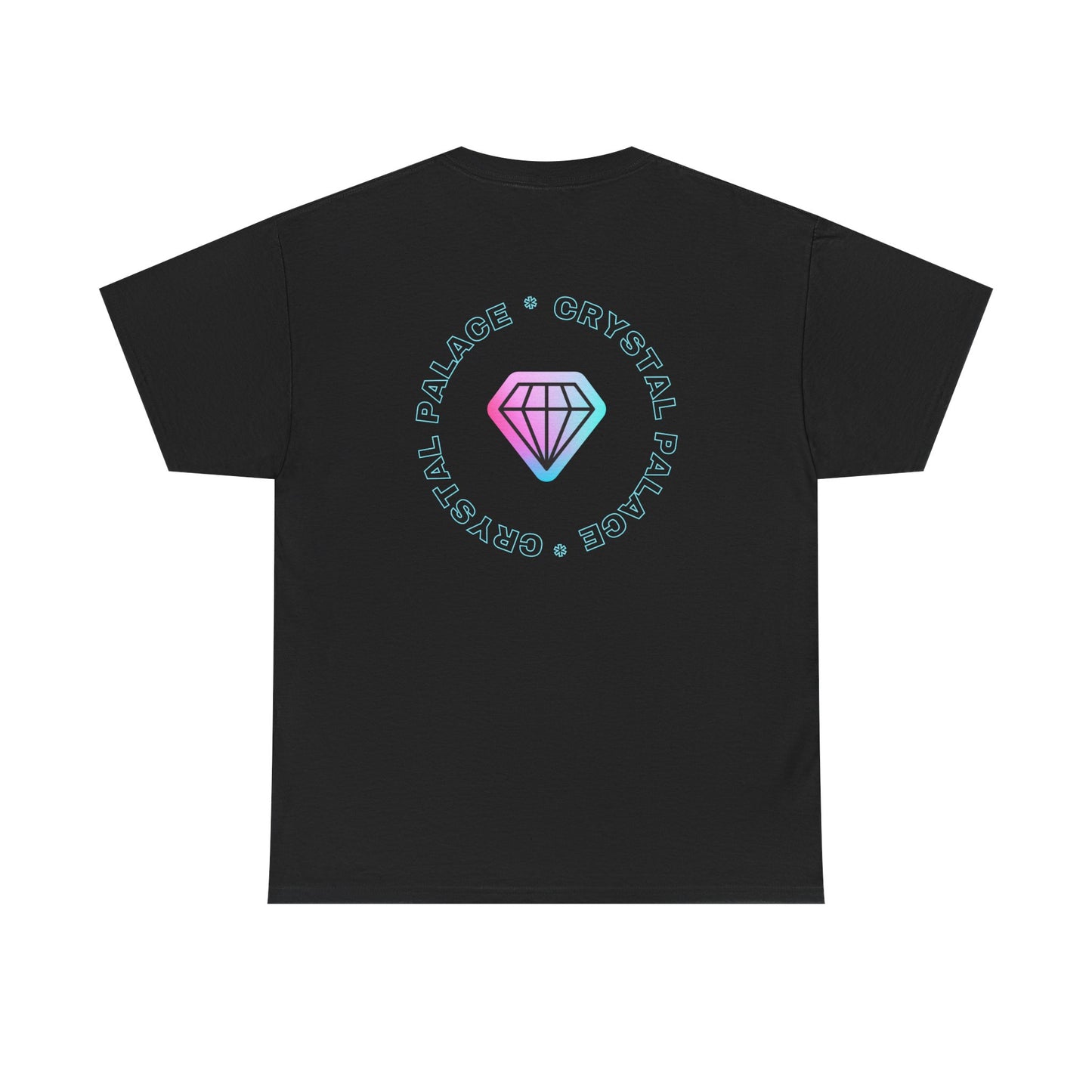 Black Crystal Palace t-shirt with a colorful logo on the back against a white background
