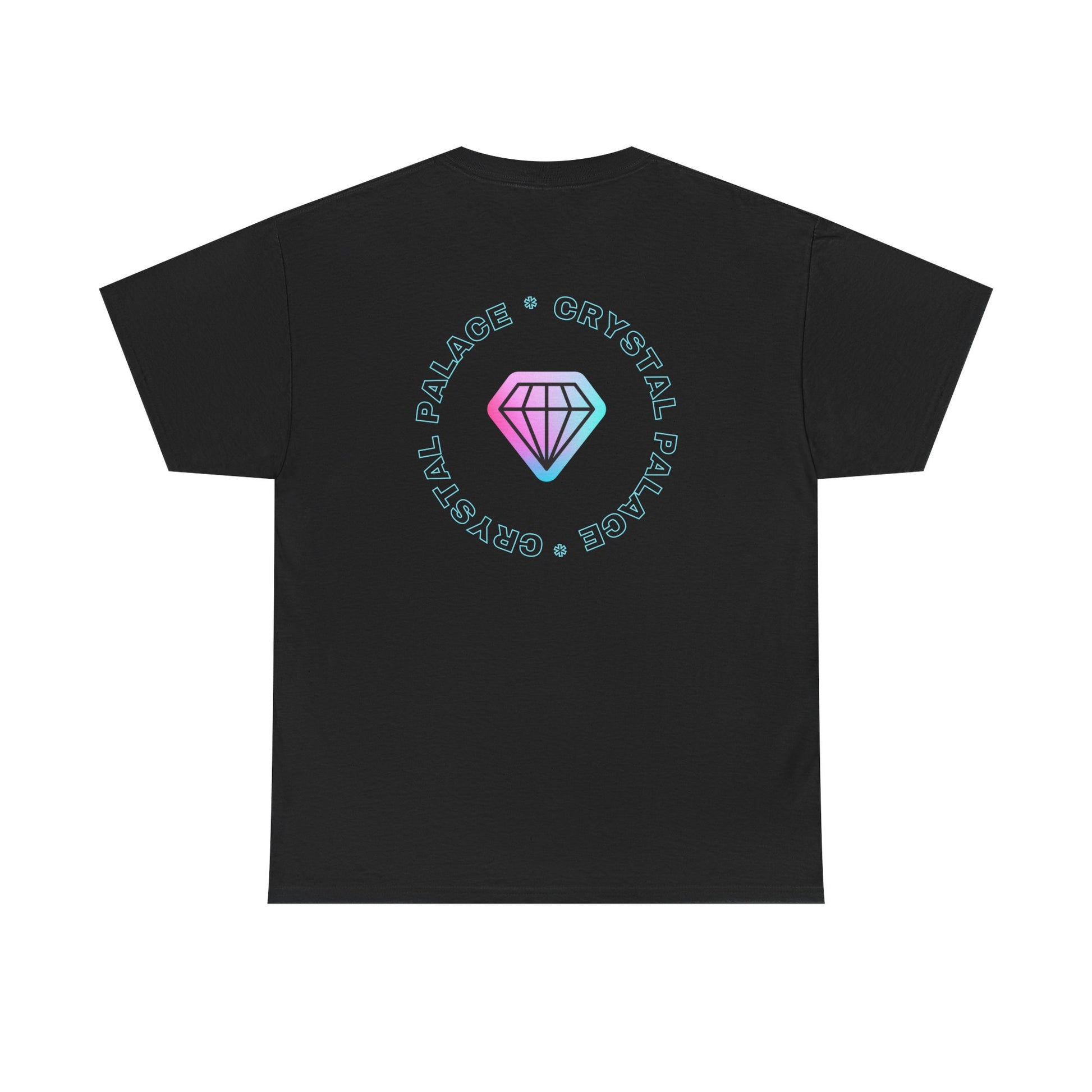 Black Crystal Palace t-shirt with a colorful logo on the back against a white background