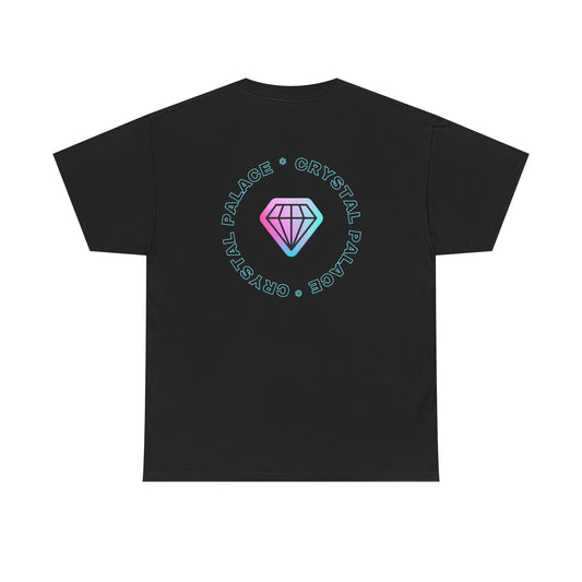 Black Crystal Palace t-shirt with a colorful logo on the back against a white background