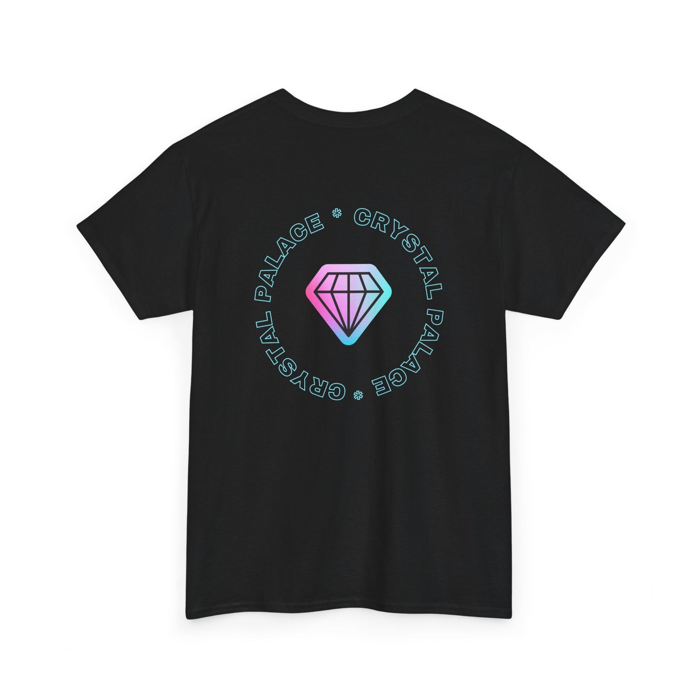 Black crystal palace t-shirt with a colorful logo and text on the back against a white background