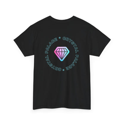 Black crystal palace t-shirt with a colorful logo and text on the back against a white background