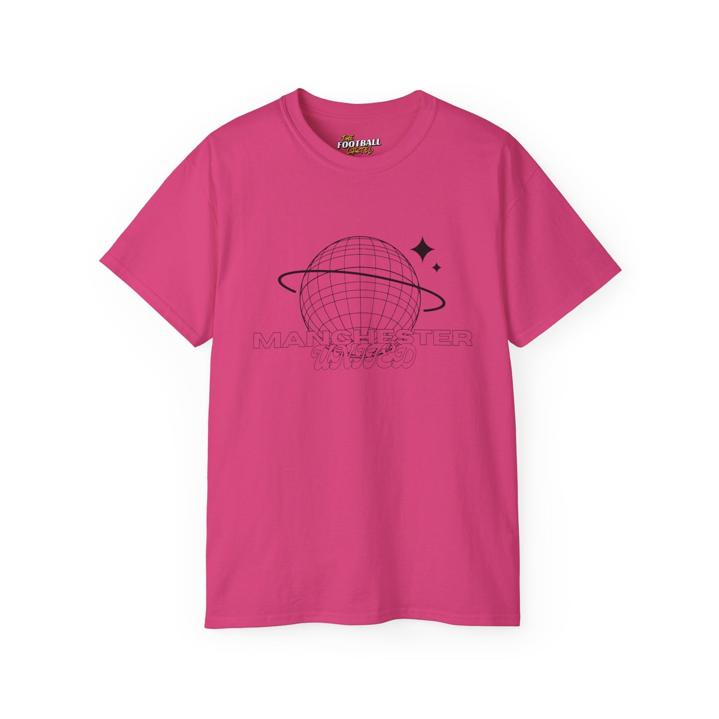 Pink man United t-shirt with black graphic design on a white background