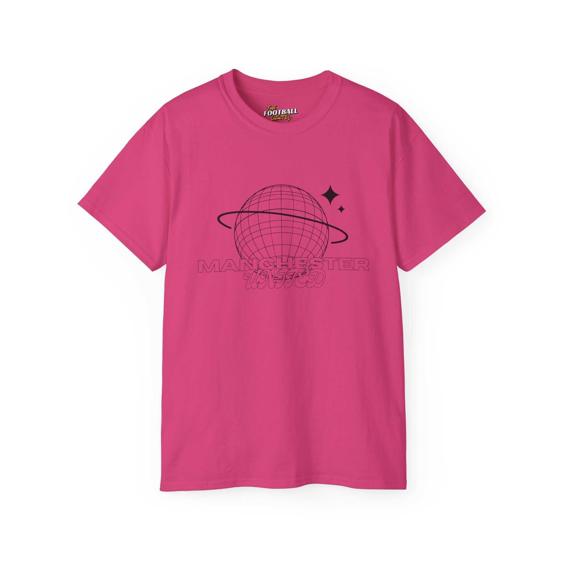 Pink man United t-shirt with black graphic design on a white background