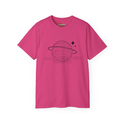 Pink man United t-shirt with black graphic design on a white background