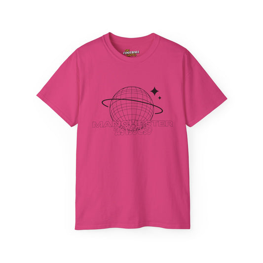 Pink man United t-shirt with black graphic design on a white background