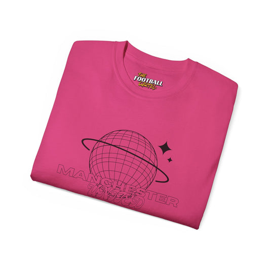 Pink man United t-shirt with black graphic design on a white background