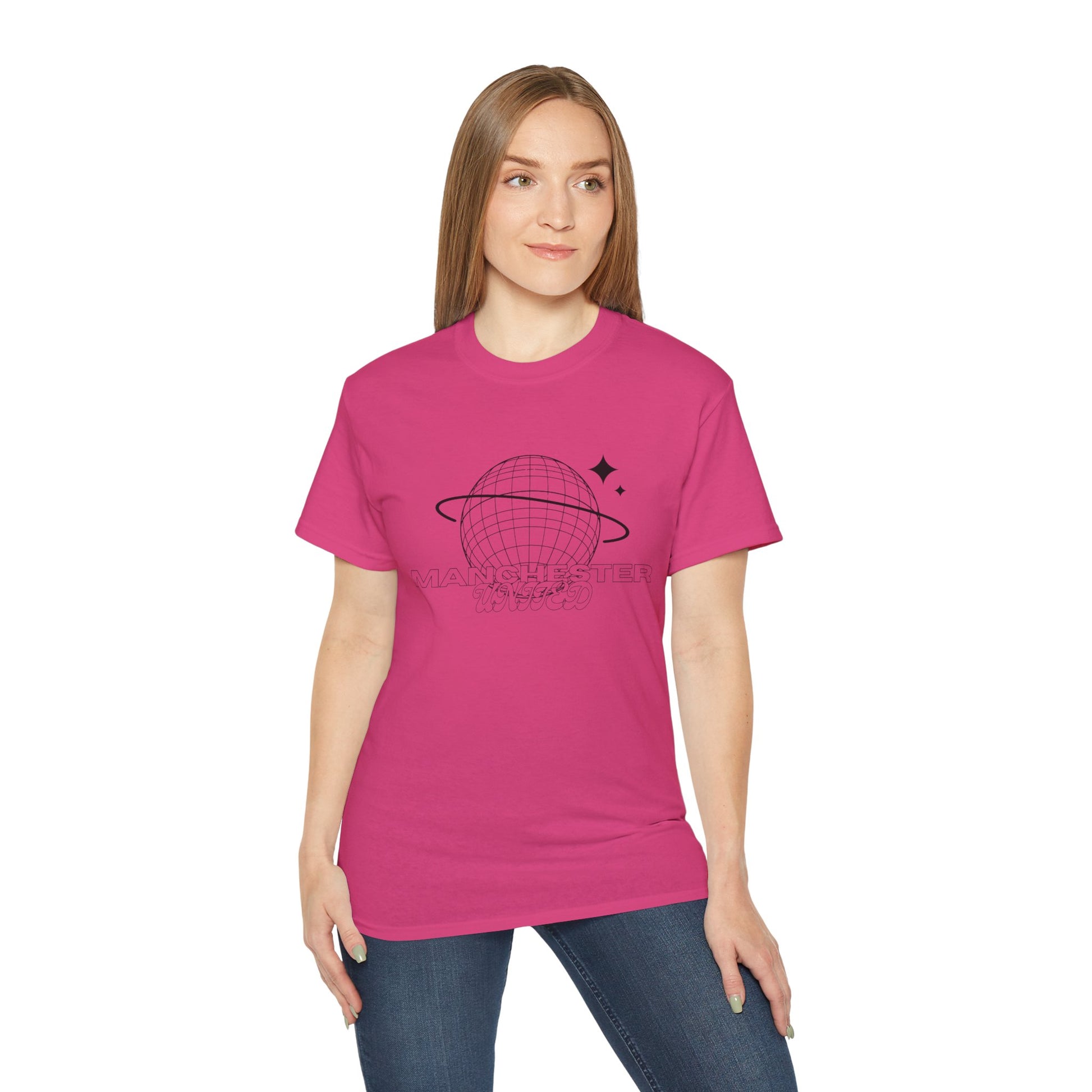 Woman wearing a pink t-shirt with a graphic design on a white background