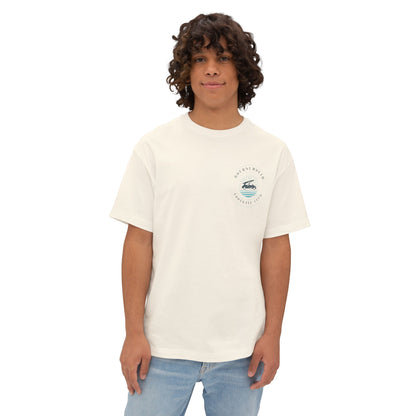 Person wearing a white t-shirt with a logo on a white background