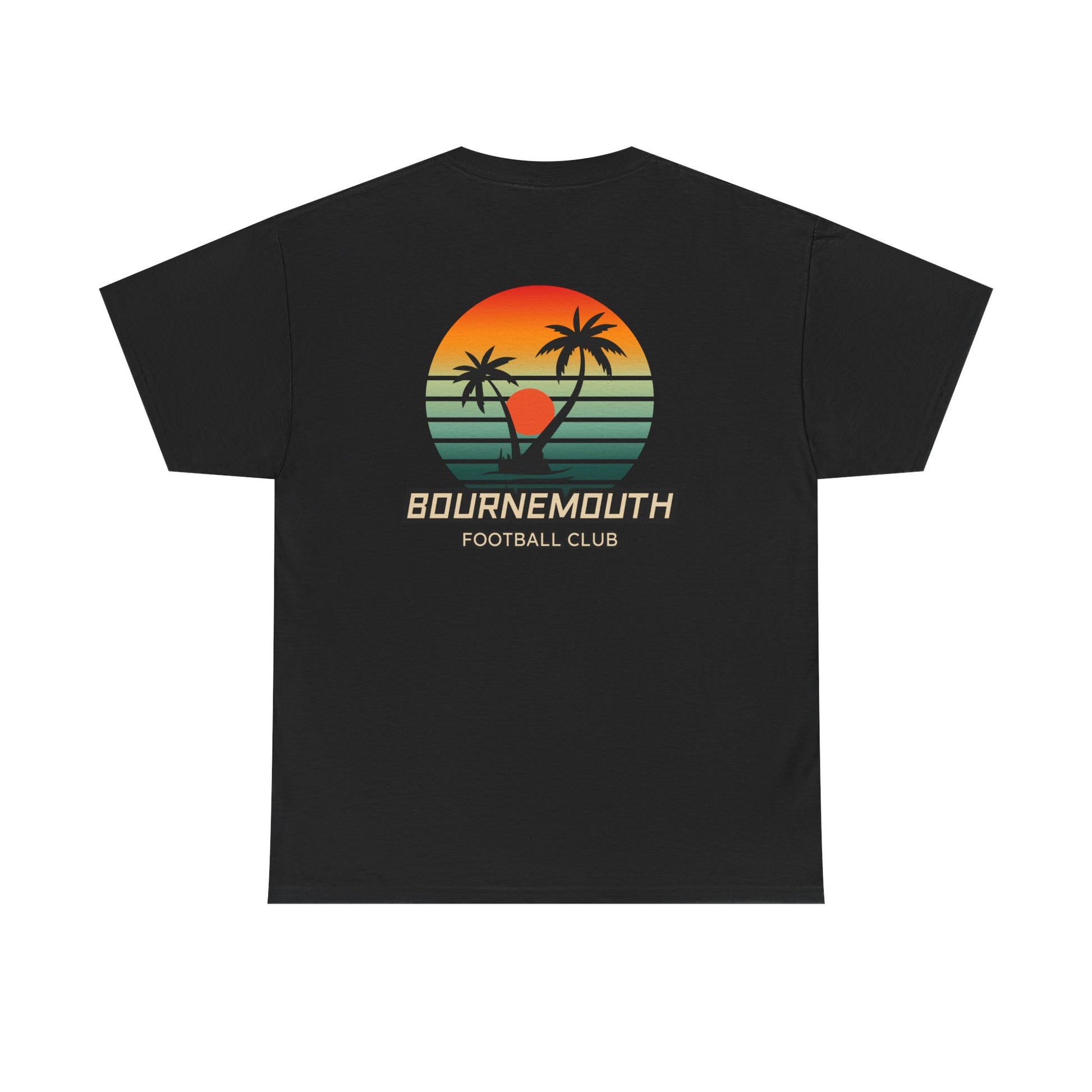 Black t-shirt with a sunset design and 'Bournemouth Football Club' text on a white background