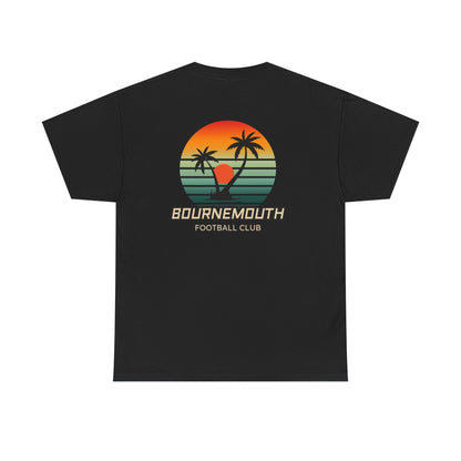 Black t-shirt with a sunset design and 'Bournemouth Football Club' text on a white background