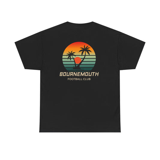 Black t-shirt with a sunset design and 'Bournemouth Football Club' text on a white background