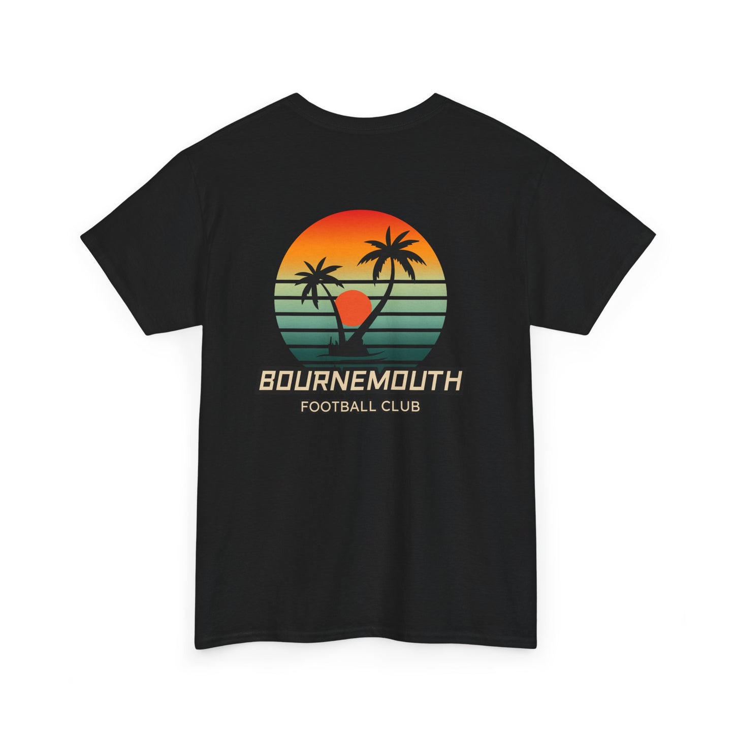 Black t-shirt with a colorful palm tree design and 'Bournemouth Football Club' text on a white background