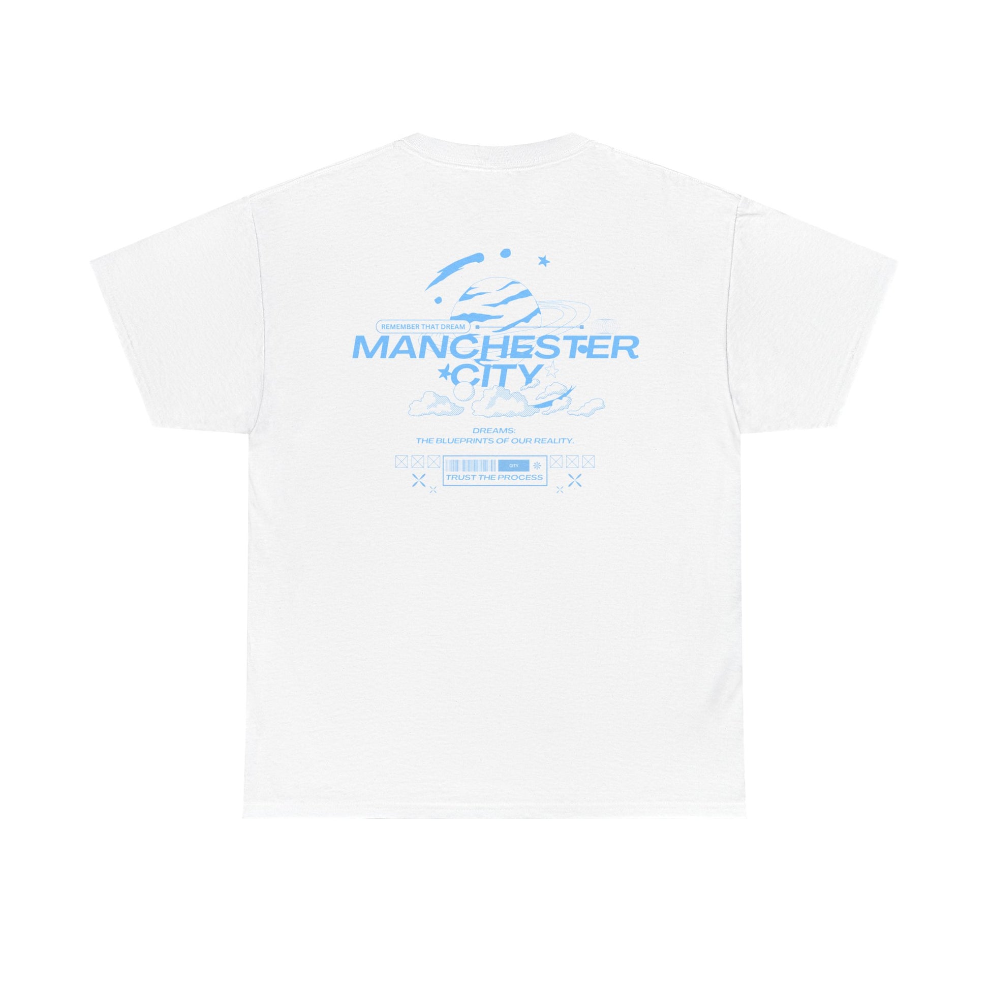 White t-shirt with Manchester City logo on a white background