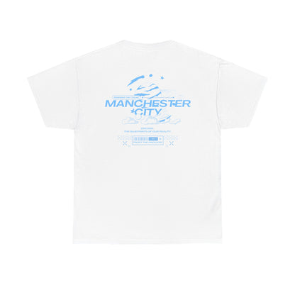White t-shirt with Manchester City logo on a white background