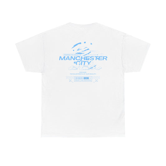White t-shirt with Manchester City logo on a white background