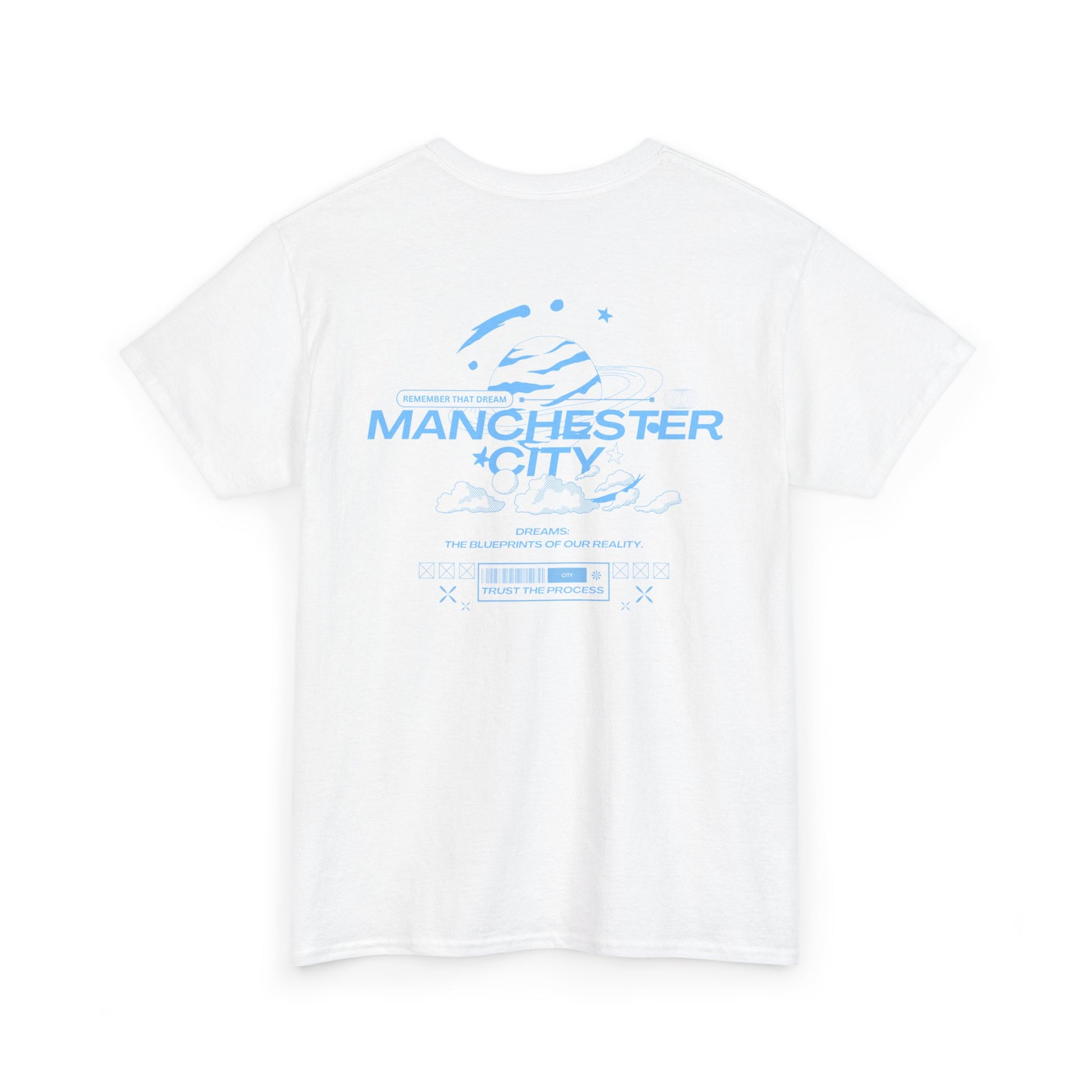 White t-shirt with Manchester City logo and text on a white background