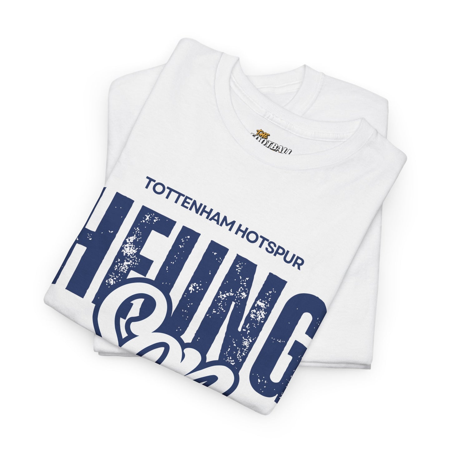 White t-shirt with blue text and logo on a white background
