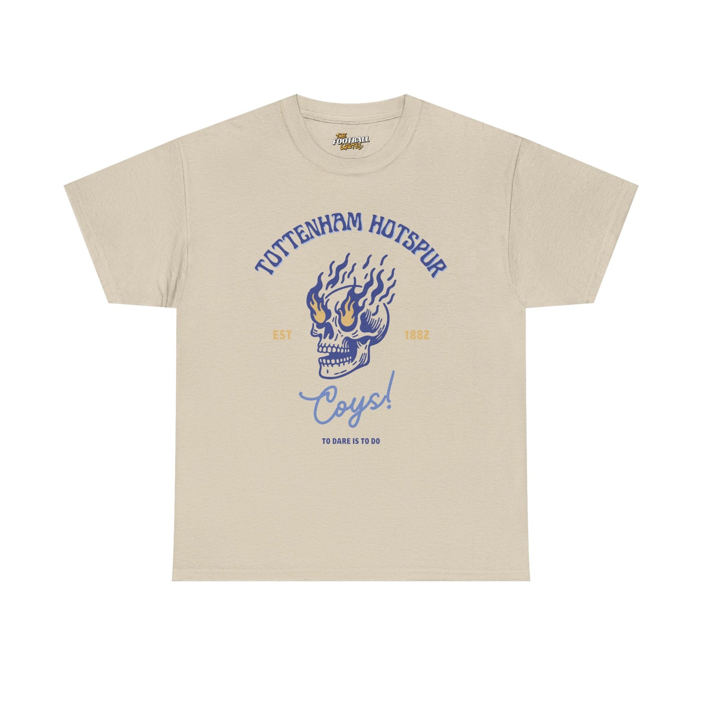 Beige tottenham hotspur t-shirt with blue graphic design and text on a white background