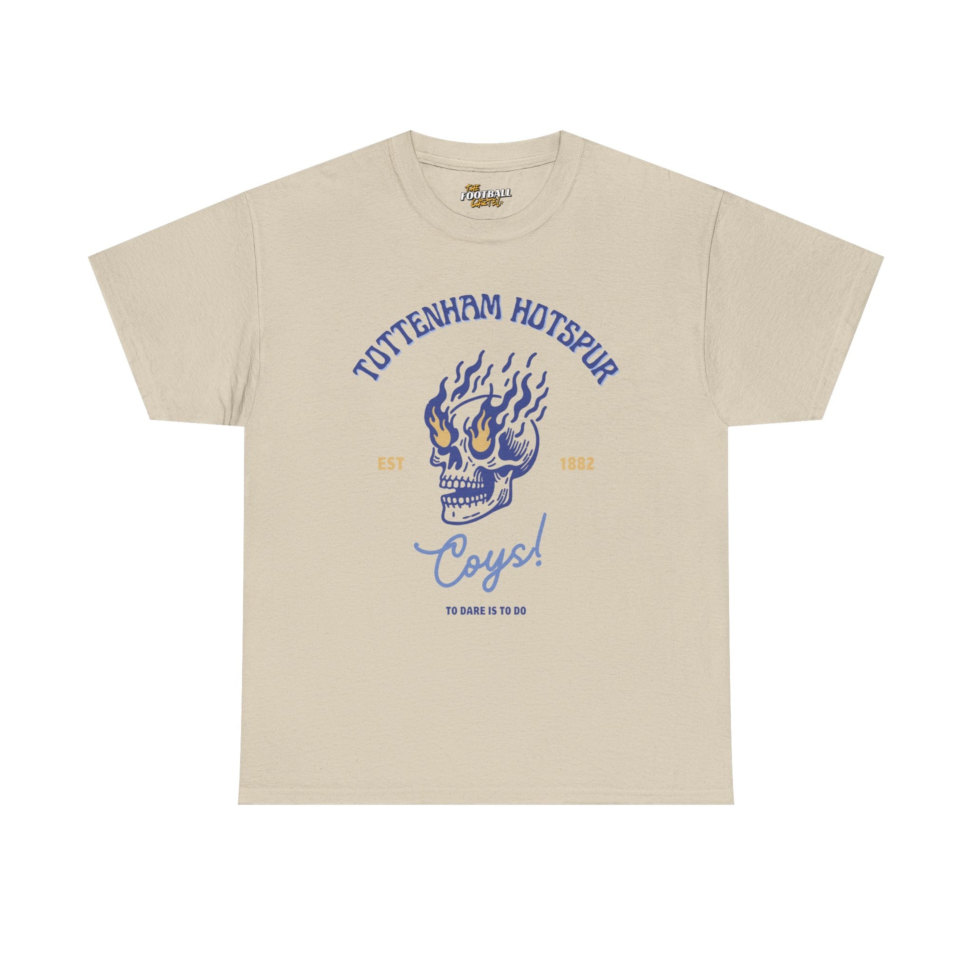 Beige tottenham hotspur t-shirt with blue graphic design and text on a white background