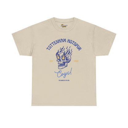 Beige tottenham hotspur t-shirt with blue graphic design and text on a white background