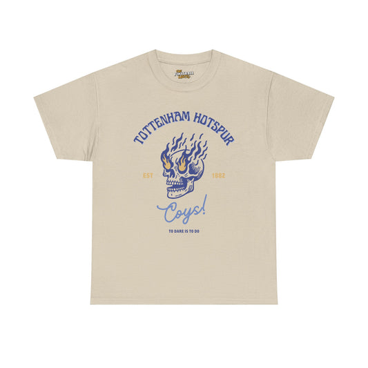 Beige tottenham hotspur t-shirt with blue graphic design and text on a white background