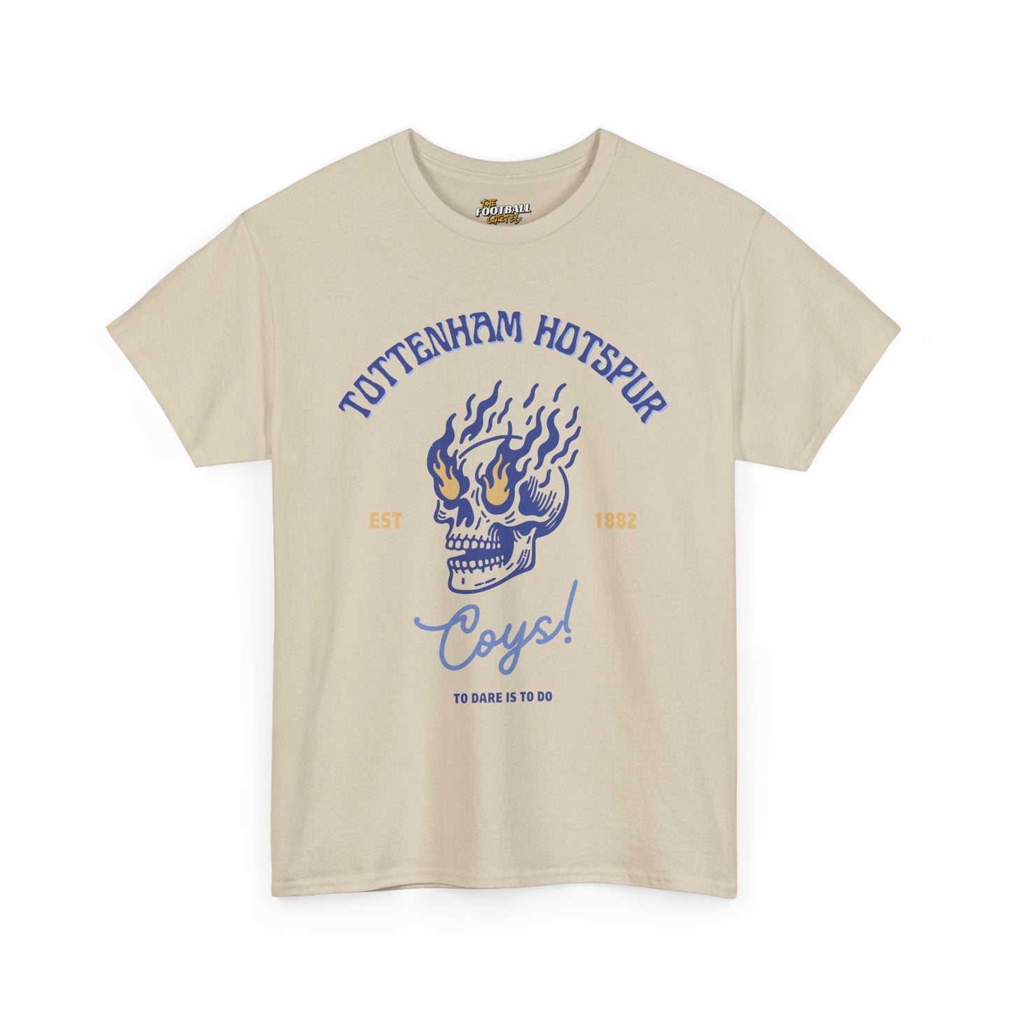 Beige tottenham hotspur t-shirt with blue skull design and text on a white background