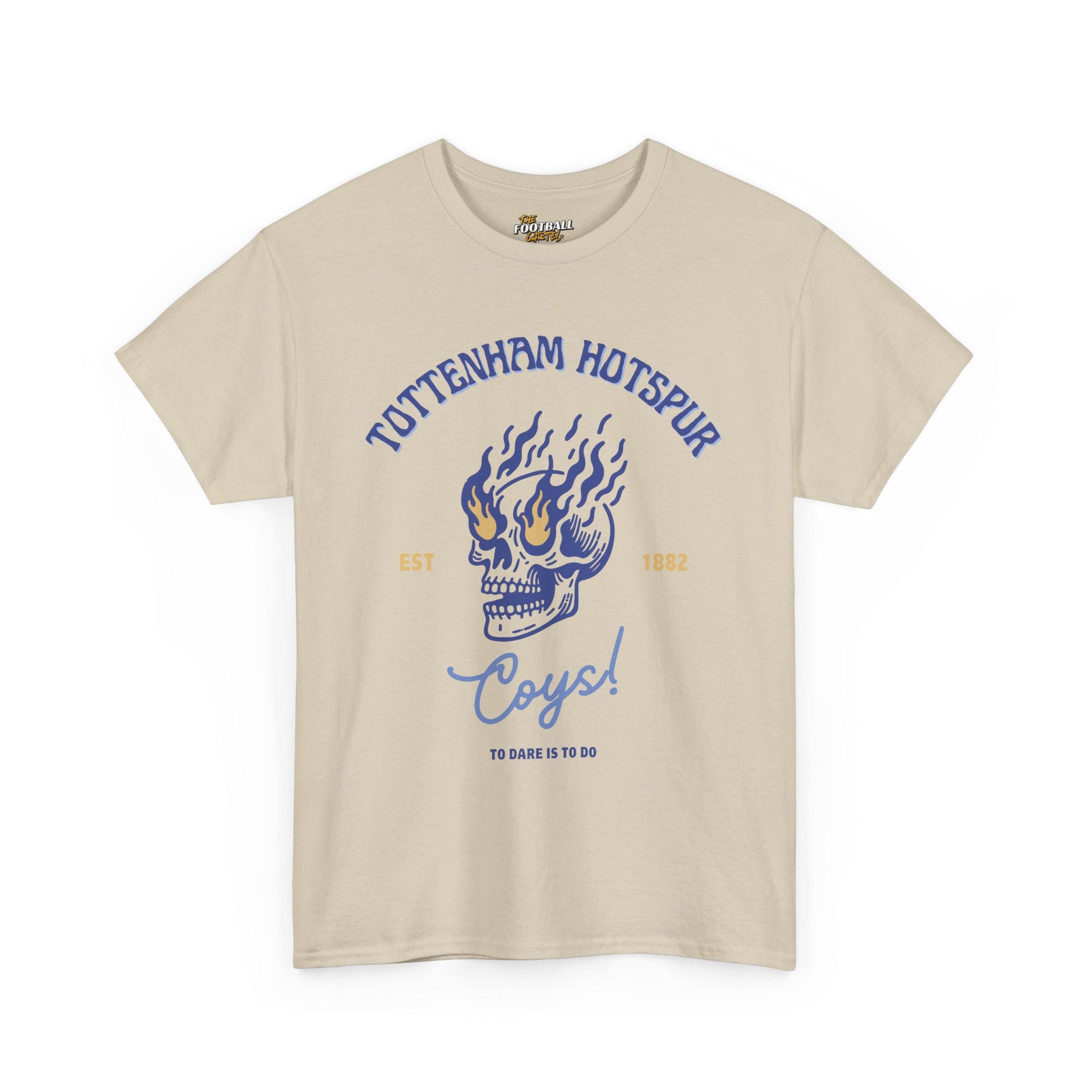 Beige tottenham hotspur t-shirt with blue skull design and text on a white background