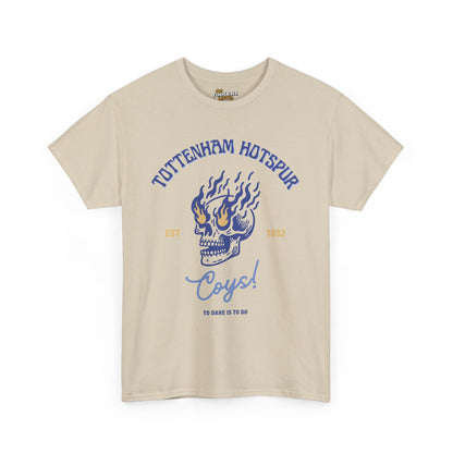 Beige tottenham hotspur t-shirt with blue skull design and text on a white background