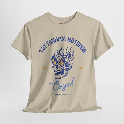 Beige tottenham hotspur t-shirt with blue skull design and text on a white background
