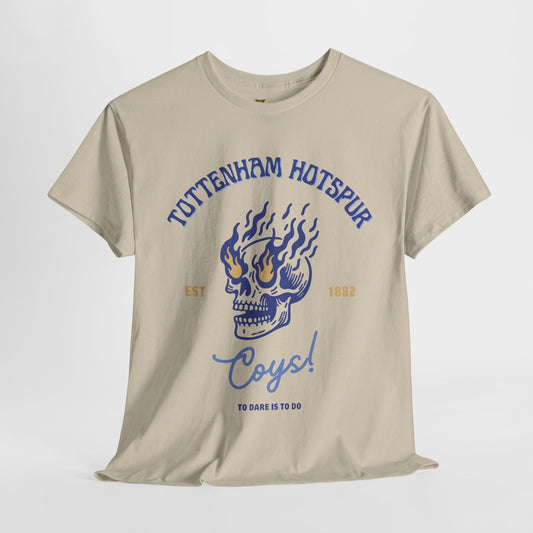 Beige tottenham hotspur t-shirt with blue skull design and text on a white background
