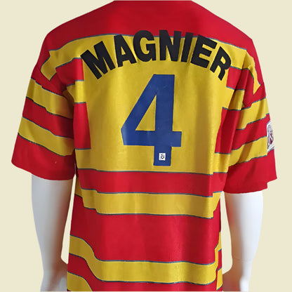 Red and yellow striped lens 97/98 home shirt with 'MAGNIER' and number '4' on a gray background
