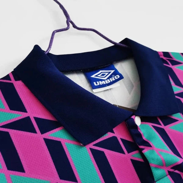 Geometric-patterned scotland 88 fourth shirt with Umbro logo on a hanger