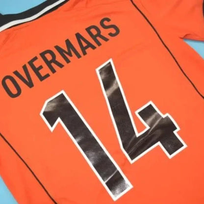 Orange Netherlands 98 World Cup home shirt with 'OVERMARS' and number '14' on a blue background