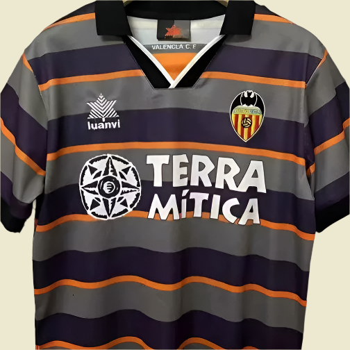 Striped Valencia 99/00 third shirt with branding on a gray background