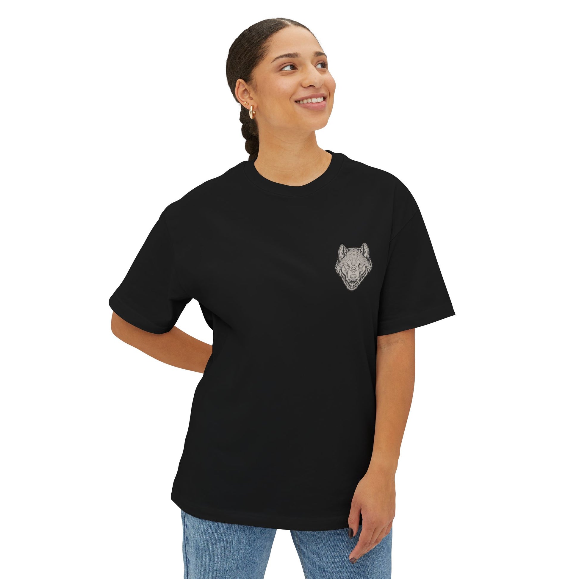 Person wearing a black wolves fc t-shirt with a wolf logo on a white background