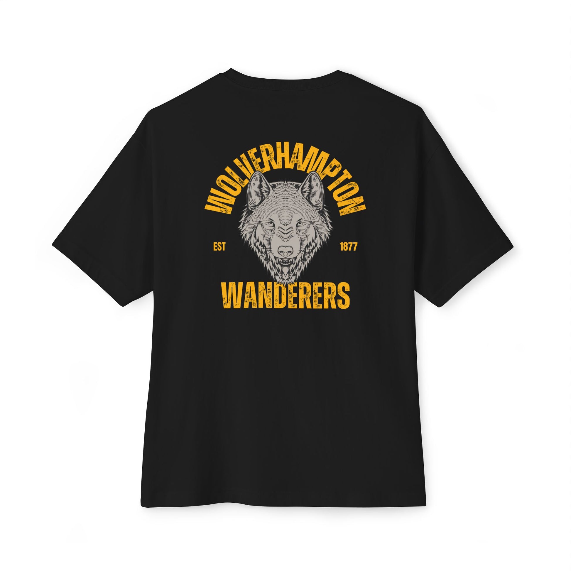 Black wolves football  t-shirt with a wolf graphic and text on the back against a white background