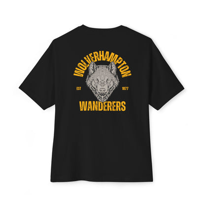 Black wolves football  t-shirt with a wolf graphic and text on the back against a white background