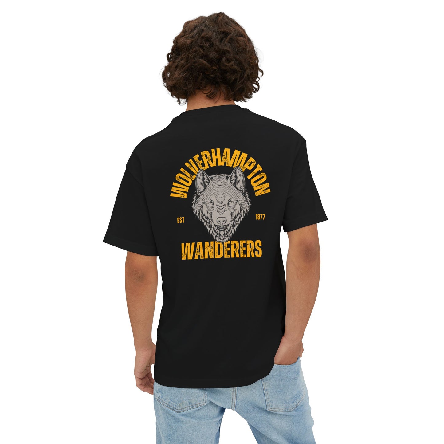 Person wearing a black t-shirt with 'Wolverhampton Wanderers' logo on the back
